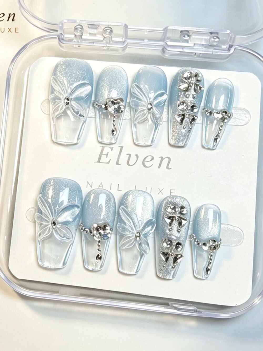 Glam Coffin Press On Nails Clear Baby Blue Cat Eye Fake Nails With 3D Butterfly